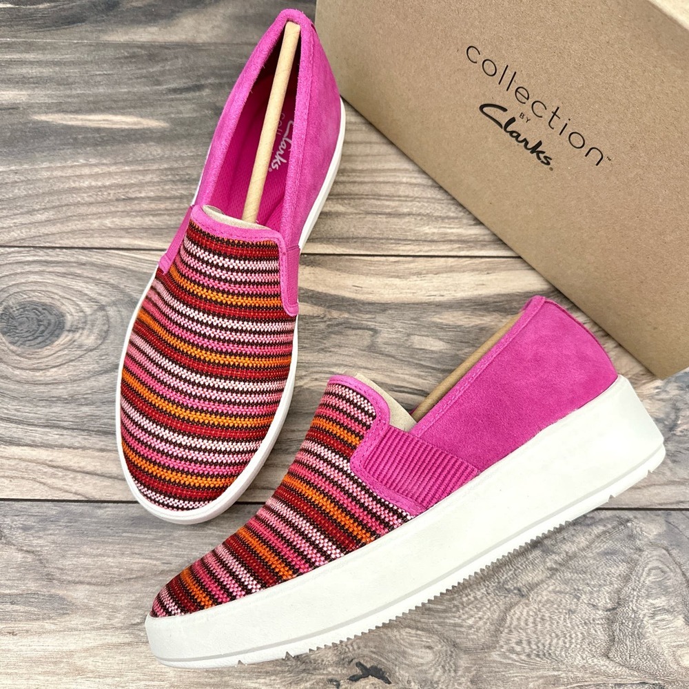 NIB Clarks Layton Petal 8.5W WIDE Slip On Comfort Sneakers fuchsia Pink